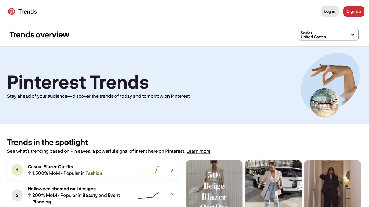 Pinterest Trends overview with the United States region selected and current spotlight trends, captured September 2, 2026